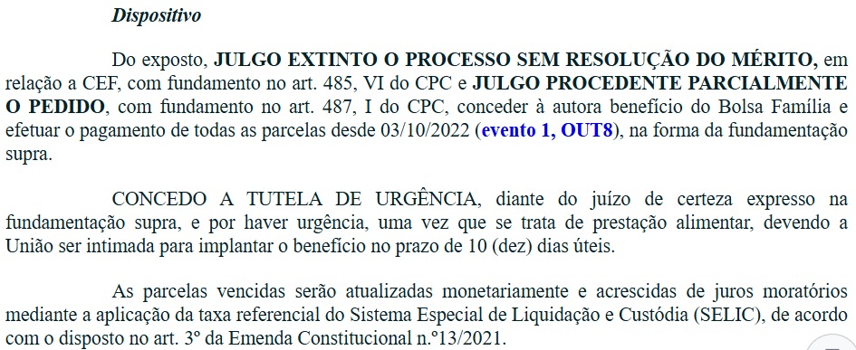 Sentença judicial favorável restabelecendo Bolsa Família
